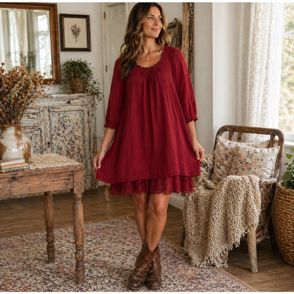 Urban Mangoz Boho Peasant Gauze Dress Red Babydoll Layered Hem Fairy Medium